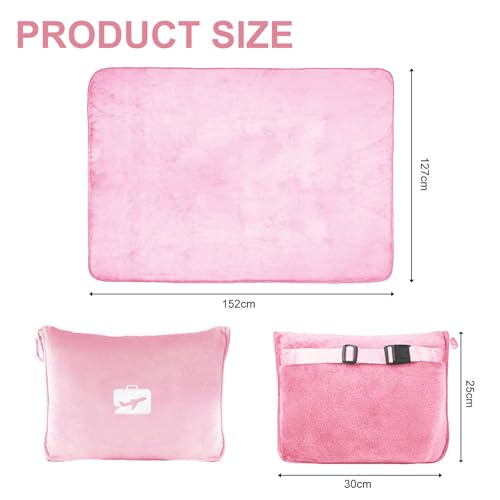 Travel Blanket and Pillow, Ultra Soft 2 in 1 Airplane Blanket with Eye Mask and Ear Plugs, Portable Travel Blanket with Pillowcase, Ideal for Long Flights Office and Trains (Pink) - Image 3