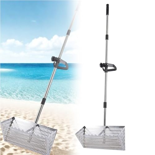 Juego de rastrillo para pulgas de arena, tamiz de arena de playa de acero inoxidable con cesta ancha de dientes de tiburón de 15.8 pulgadas, rastrillo de arena hueco de acero al carbono, rastrillos de