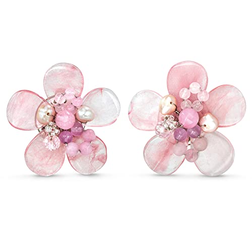 Boucles d'oreilles à clip fleur tropicale kunzite rose et perle idéales pour vos tenues de mariage d'été