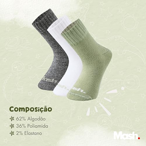 MASH Kit 6 Pares de Meias INFANTIL Algodão Cano Médio Criança Unissex, 2 Cinza - 2 Branco - 2 Verde,