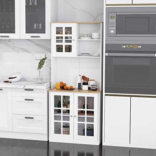 Loko 72" Kitchen Hutch Storage Cabinet, Freestanding Pantry Buffet Cabinet With Glass Doors, Open & Closed Storage, 3-Position Adjustable Shelves, Tall Cupboard Storage Cabinet (White) #TOP4