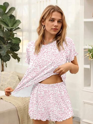 Image of Ekouaer Womens Pajamas 2 Piece Ribbed Knit Pjs Short Sleeve Sleepwear Set Summer Soft Pajamas Set Casual Lounge Sets