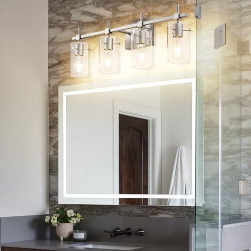 Image of SOLFART 4 Light Bathroom Vanity Lights Bathroom Lights Over Mirror Vintage Bath Lighting Brushed Nickel Wall Sconce with Glass Shade
