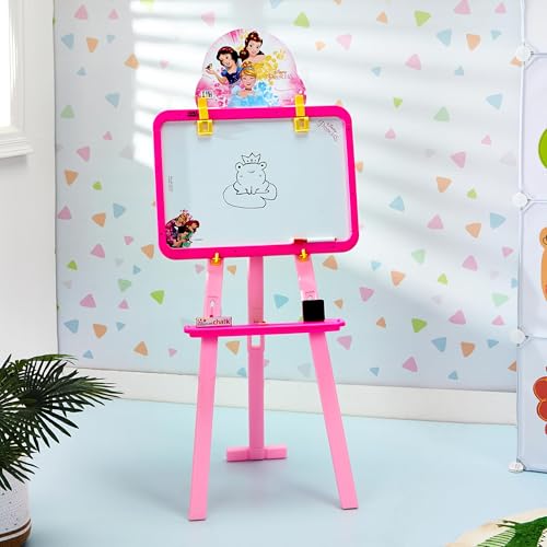 Image of Amazon Brand - Jam & Honey Disney Princess 5-in-1 Easel Board for Kids | Black and White Board with Chalk, Marker and Duster I with Stand| Educational Toy for Kids | Age 3+ Years