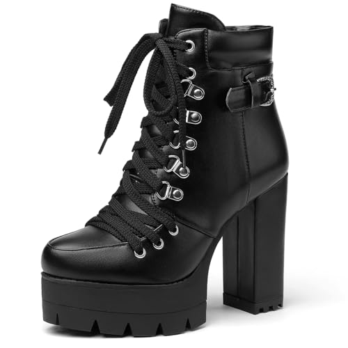 Susanny Platform Heel Boots Womens Black Sexy High Heels Harley Steampunk Heeled Combat Boots Shoes Lace UP Short Ankle Booties 7