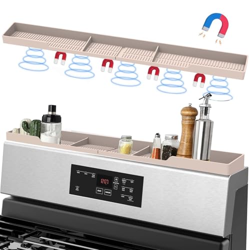 AWOKE Stove Top Shelf 30 Inch - Silicone Material Magnetic Shelf for Stove - 3 Functional Partitions Kitchen Spice Rack Organizer-Beige,Kitchen Gadgets Storage Organization