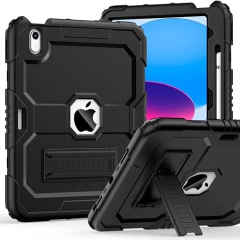Case for iPad 10th Generation 10.9 inch 2022, iPad Case 10th Generation with Pencil Holder/Built-in Stand, Shockproof Rugged Protective Cover for iPad 10th Gen Case (Black) Cover