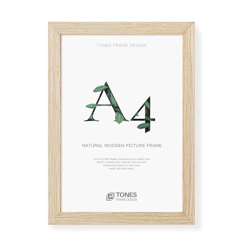 TONES FRAME DESIGN A4 Frame, 21 x 29.7 cm Wooden Picture Photo Frame with Natural Wood Veneer, Shatter-Resistant Plexiglass, Wall Frame for Portrait or Landscape, Certificates, Posters, Prints
