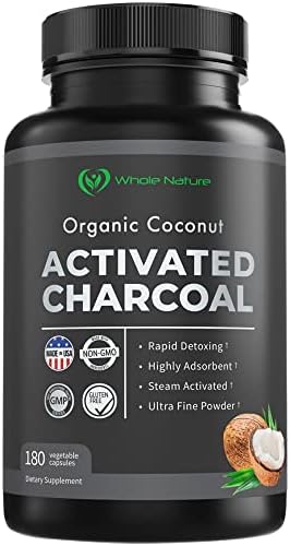 Coconut Activated Charcoal Capsules, 180 Charcoal Pills, Detox, Teeth Whitening, Reduce Constipation and Bloating, Stomach Gas, Heartburn Relief, Pure Coconut Derived Supplement, Organic & Vegan (1)