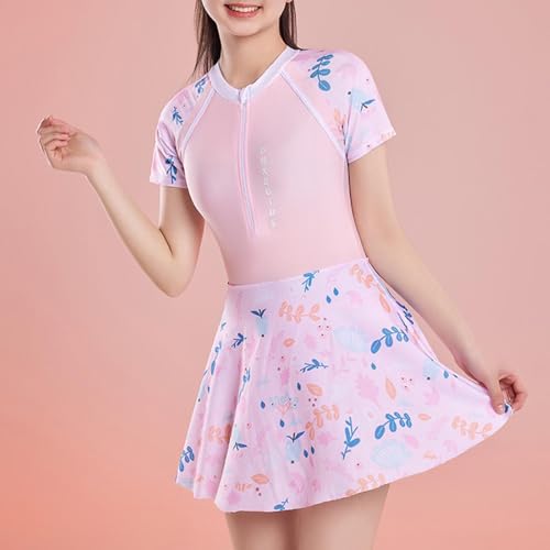 Girls One Piece Swimsuits Zipper Front Short Sleeve Swim Dress Hawaiian Printed Skirted Bathing Suits for 9-14 Years 5