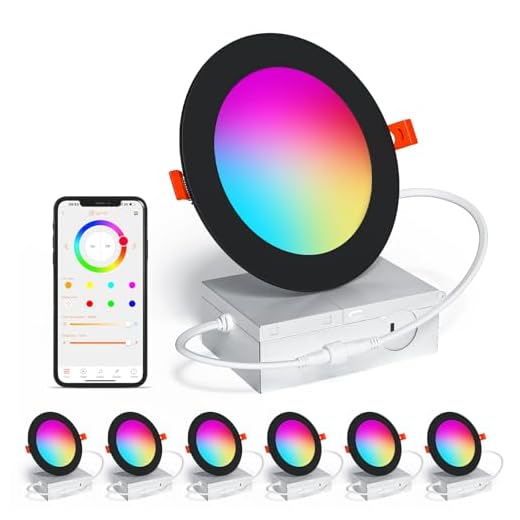 SikSog Black Smart Recessed Lighting 6 Inch RGBCW Color Changing 16W LED Downlight with Junction Box,1350 Lumen Recessed Ceiling Light Compatible with Alexa,Dimmable by Bluetooth Control -6Pack