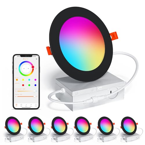 Image of SikSog Black Smart Recessed Lighting 6 Inch RGBCW Color Changing 16W LED Downlight with Junction Box,1350 Lumen Recessed Ceiling Light Compatible with Alexa,Dimmable by Bluetooth Control -6Pack