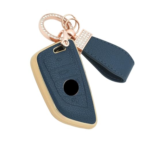 Image of keyzone Litchi Leather Textured TPU Key Cover & Keychain for X1, X3, X6, X5, 5 Series, 6 Series, 7 Series 4 Button Smart Key (Blue)
