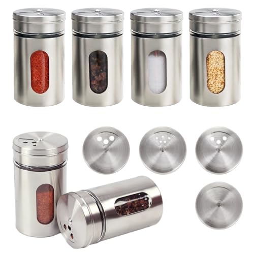 TESSTSY 6 pezzi Barattoli Contenitori per Spezie in Acciaio Inossidabile, Contenitori Spezie per Cucina, Contenitori per Vasetti Porta Spezie Con 3 Tipi di Fori Dosatori per Sale, Pepe, Spezie (90 ml)