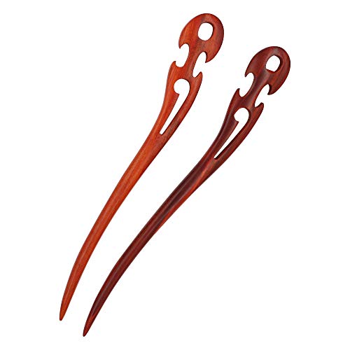 REAL SIC - Natural Red Sandalwood Hair Sticks for Women - Set of 2 - Sustainable Retro Boho Fashion Real Wood Chopstick Hair Pins for Long Hair (Barb)