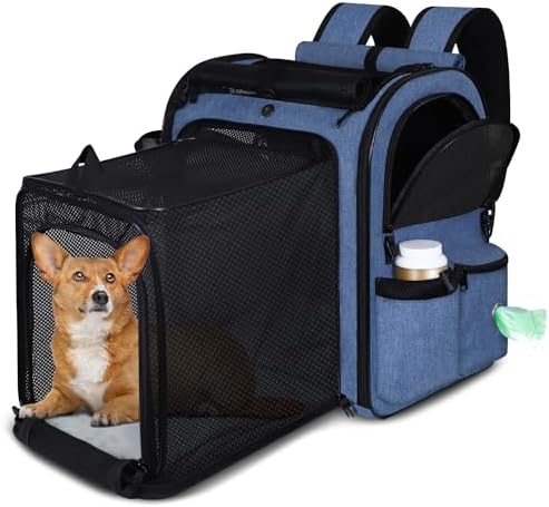 Expandable Pet Carrier Backpack for Small Medium Dog and Cat, Large Space Fits up to 20 lbs Pet, Foldable Backpack with Safety Lock Zipper and Breathable Mesh for Travel Hiking Camping(Blue)