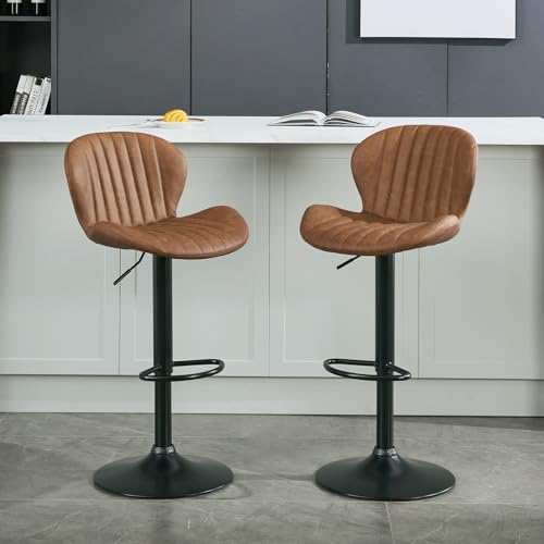 Bar Stools Set of 2, Swivel Faux Leather Upholstered Bar Chair with High Backrest, Adjustable Modern Counter Height Barstool for Kitchen Island, Rustic Brown