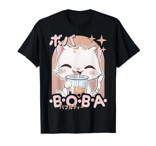 Kawaii Cat Boba Anime Kitten Loving Bubble Tea Neko Cat Maglietta
