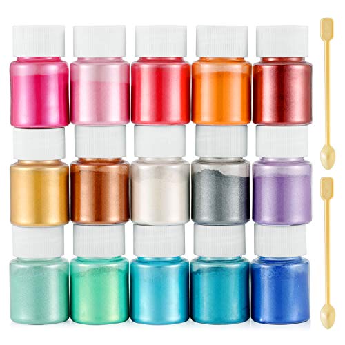 Funxim Mica Powders 15 pcs x 10g, Epoxy Resin Pigment Natural Soap Making Colorant, Use for Epoxy Resin, Bath Bombs, Makeup, Nail Art