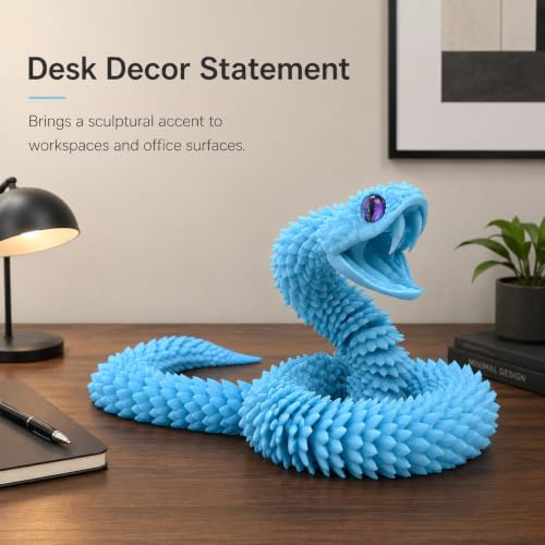 Image of 3D Printed Blue Viper Snake, 23 inch Glow in the Dark Articulated Snake Sculpture with Movable Jaw & Fangs, PLA Desk Decor for Display Shelves & Adult Collectors
