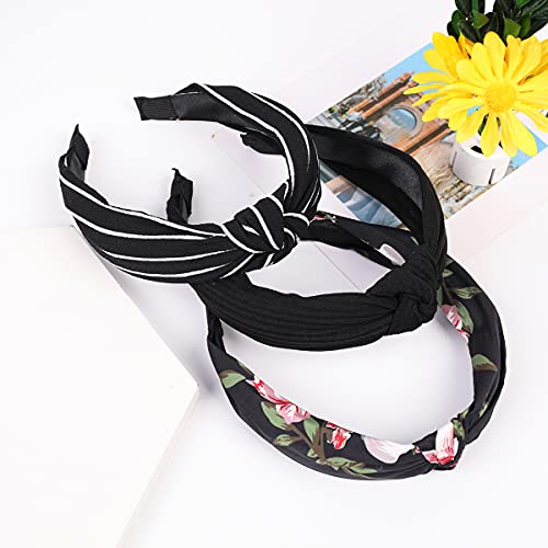 Manshui 3 Pcs Cross Knotted Headbands For Girls And Women, Stripped Headbands Head Wrap,Turban Hair Hoops Hair Accessories (Black Stripe Set) #TOP1
