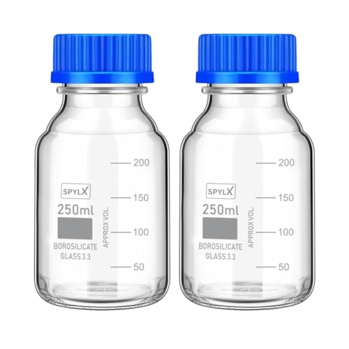 Image of Borosilicate Glass reagent bottle 250ml with leak proof Blue Screw Cap pack of 2 for glassware wide mouth chemical bottles for lab, laboratory, kitchen and professional use