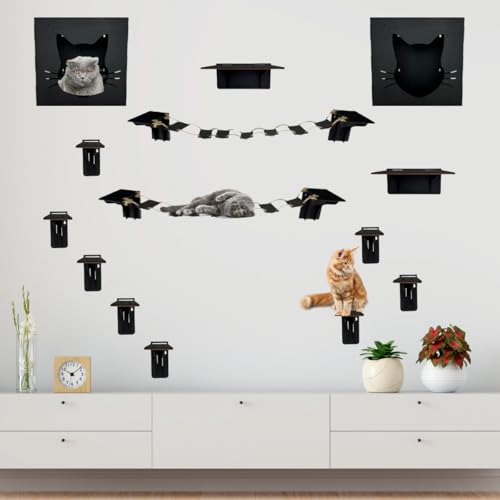 Kit Playground Para Gato Desmontado Em Mdf Pintado de Preto 14 Pçs Fixo De Parede