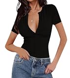 INFITTY Women Deep V Neck Low Cut Tops Casual Ribbed Knit Sexy T-Shirts Summer Short Sleeve Tees Black M