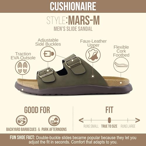 Image of CUSHIONAIRE Mars Double Buckle Slide Sandals for Men with Arch Support, Cork Footbed and EVA Outsole
