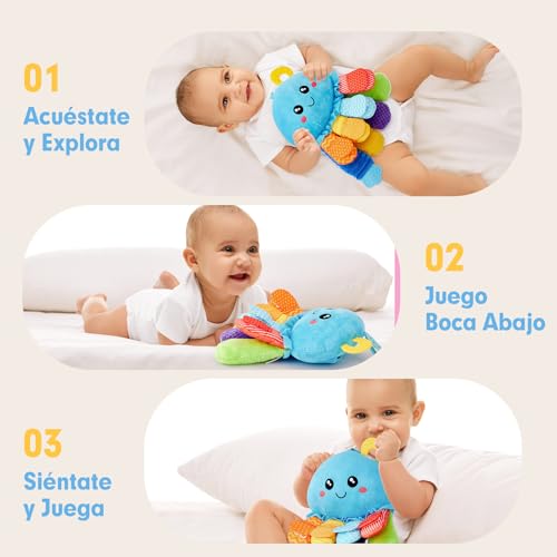 hahaland Juguetes Bebes 0-3 Meses - Pulpo de Peluche Suave con Sonajero, Mordedor, Espejo, Sonidos - Tummy Time Montessori para Bebe 0 a 6 12 Meses - imagen 5