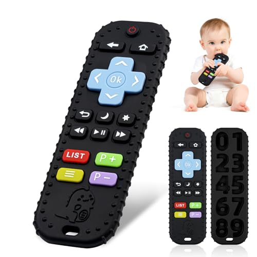 Baby Beißspielzeug, 2 Pcs Fernbedienung Beißring, Silikon Zahnungshilfe Baby BPA-frei, Zahnen Nursing Zubehör für 3+ Monate Babe (Schwarz)