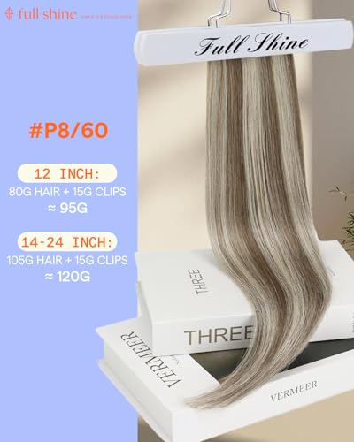 Image of Full Shine Clip in Extension Ash Blonde Highlight Light Blonde, 18 Inch | Hair Extensions Real Human Hair, Straight Natural Hair Extensions Clip ins, Double Weft, Add Thickness, 7 Pcs 120g