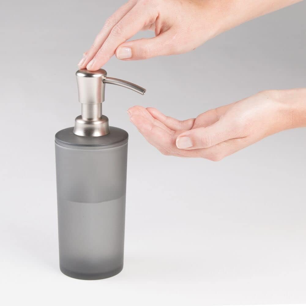 mDesign Frosted Plastic Refillable Liquid Soap Dispenser Pump Bottle for Bathroom Vanity Countertop, Kitchen Sink - Holds Hand Soap, Dish Soap, Hand Sanitizer, Essential Oils - Charcoal Gray/Brushed