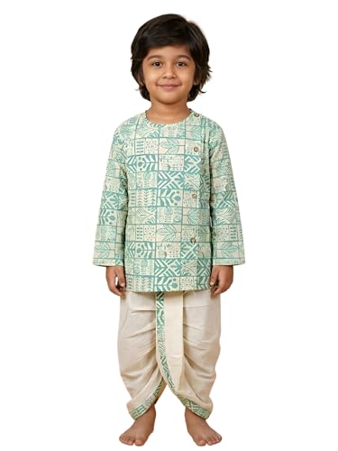 Image of POLKA TOTS 100% Cotton Elegant Traditional Dhoti Kurta Set for Baby Boys | Ultra-soft Cotton Ethnic Dress for Festivals and Weddings | Traditional Angrakha Dress for Kids Boys