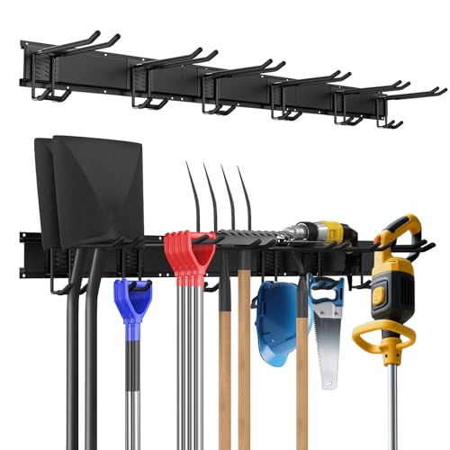 Sampoes Garage Tool Management - Support mural pour garage - 120 cm - Avec 6 crochets réglables - Pour outils de jardin, balais, râteaux, équipements de ski - Noir