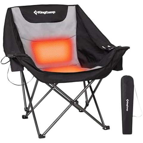 KingCamp Heated Camping Chair,Folding Heated Camping Chairs Outdoor Sports, Heated Oversized Lawn Chairs for Adults,Heating Padded Chairs with 3 Heat Levels,Cooler Bag and Cup Holder,Black&Grey Cover
