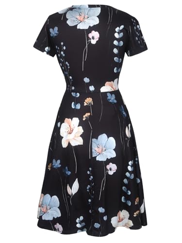 Image of oxiuly Women Casual Dress Round Neck Soft Cotton Floral A-Line Midi Summer Dresses with Pockets OX262