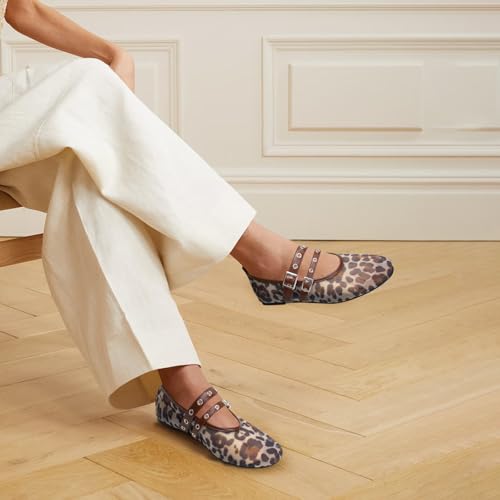 Image of Gothictor Women's Mesh Ballet Flats Round Toe Leopard Mary Jane Shoes Women | Cushioned Comfort, Easy to Style, Buckle Strap, Cheetah Print, Ballerina, Breathable, Lightweight, Dressy Casual, Non-Slip