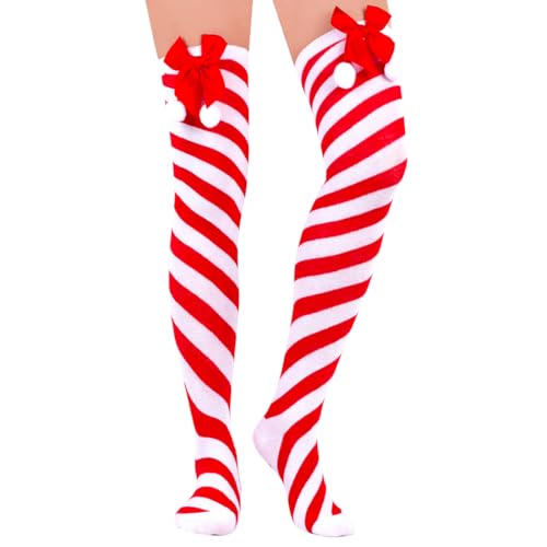 Image of Christmas Thigh High Stockings Bow Striped Stockings Holidays Knee Stocking for Women 2 Pairs