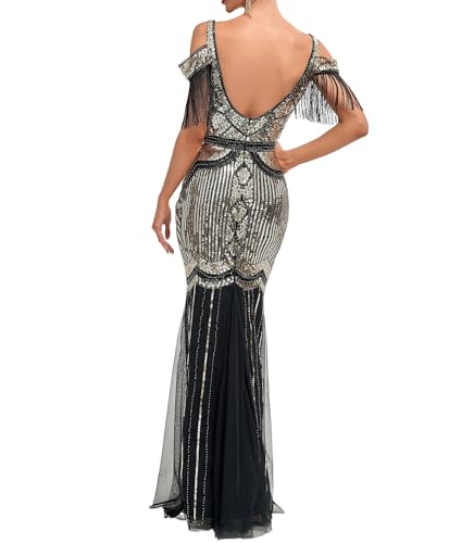 Image of Women Evening Maxi Long Dress 1920s Sequin Mermaid Hem Wedding Prom Gown Costume w / 20s Gatsby Accessories Set