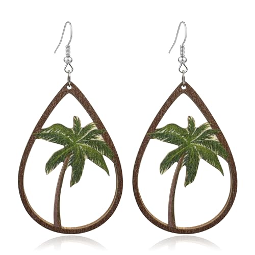 Fuvirou ハワイ サマーイヤリング 女性用 楽しいビーチリーフ ウッドイヤリング 軽量 トロピカル ココナッツ ヤシの木 ホリデー ダングルイヤリング ルアウフラ パーティージュエリー用, 木材, NP。のサムネイル