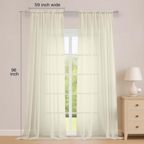 Image of OWENIE Extra Long Cream Sheer Curtains 96 Inches Long 2 Panels Set, Soft Lightweight Airy Voile Sheer Curtain for Bedroom Living Room, Rod Pocket Solid Color Farmhouse Curtains, 59 inch Wx96 L Inch