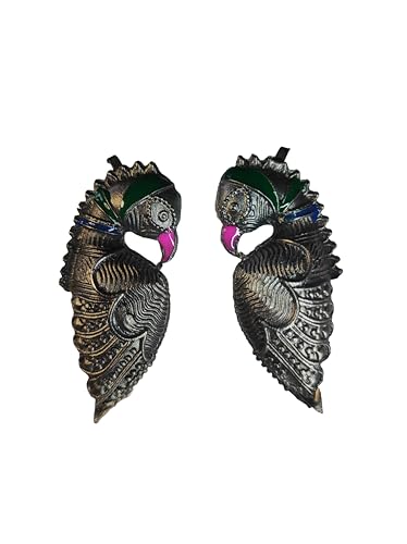 Image of Oxidised Silver Parrot Design Cuff Stud Earrings with Minakari Work, Traditional Style (color3)