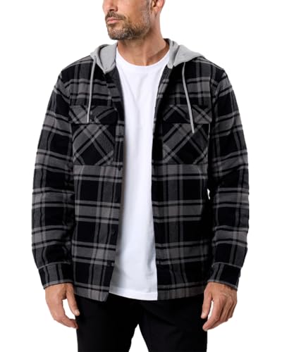 Image of Flannel Jackets for Men Plaid Hooded Quilt Lined Warm Layering S-4XL | Quality zippers, secure pockets & durable stitching - zip up jackets built for fall & spring layering.