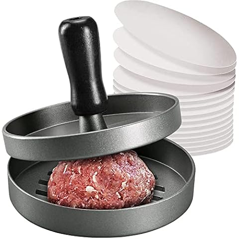 Burger Press & 100 Wax Paper Non-Stick Meat Patty Hamburger Maker for Making Quarter Lb or Large 1/3 Pound Stuffed Pocket Burgers, Aluminum for BBQ Grill Cover