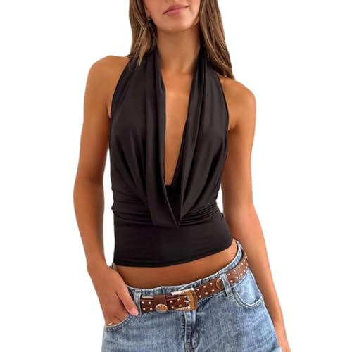 Womens Halter Tank Tops Sexy Sleeveless Backless Cowl Neck Low Cut Summer Y2k Going Out Cami Tops