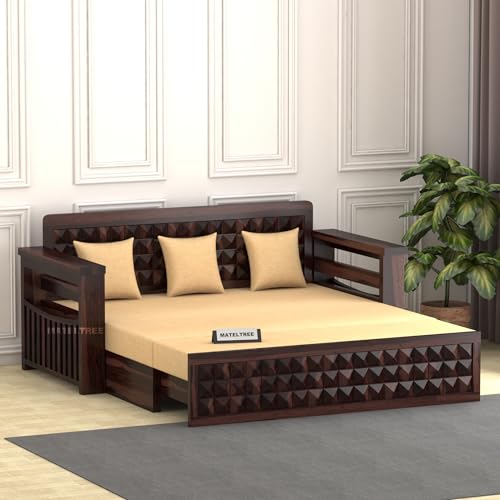 Image of Sheesham Wooden Sofa Cum Bed for Living Room with Side Pocket Storage - 3 Seater Sofa Cum Bed with Storage - 3 Person Sofa Cum Bed Wooden with Premium Cushion Seating (Walnut F)