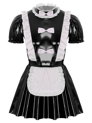 FEESHOW Herren Dienstmädchen Kostüm Kleid Wetlook Lackleder Unterwäsche Männer Maid Cosplay Junggesellenabschied Kostüm Schwarz_A 4XL