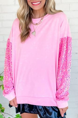 Women's Elegant Pink Sequin Patchwork Long Sleeve Pullover Top2