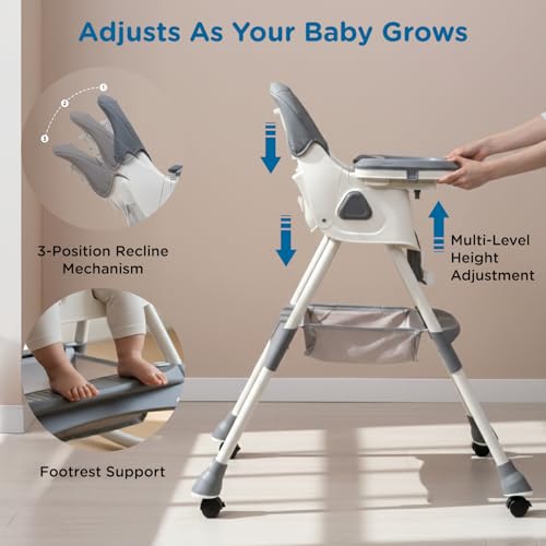 Image of Mee Mee Cherub Baby High Chair for Baby Feeding, 5-in-1 Convertible Kids Feeding Chair Compact Fold, High Adjustable, Play Chair Booster Seat Dual Meal Trays, 0.5 to 3 Years Kids (Grey)